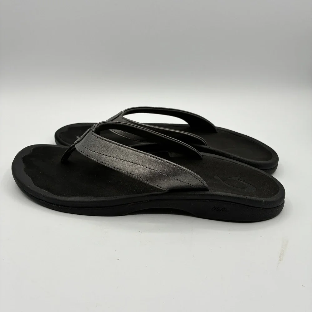 OluKai Ohana Flip Flop Sandals Women 9 EU 39Pewter Metallic Faux Leather Comfort